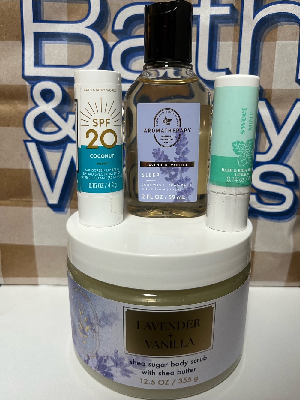 Bath & Body Works Lavender Vanilla Shea Sugar Body Scrub body care and lip set
